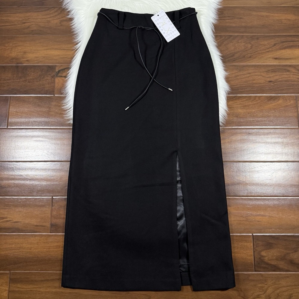 Le' AL.X Women's Size 10 Black Wool Blend Belted Side Slit Hem Pencil Maxi Skirt